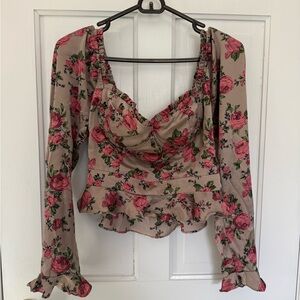 ASTR Beige Floral Long-Sleeve Ruffle Peplum Top - Pink Roses